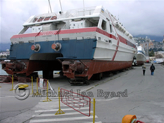 Twin hulled ferries out for maintenance